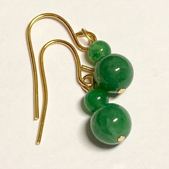 Green Jade Stone Earrings Gold Plated Dangle Round Bead Malaysian Dark 4-6mm - Picture 6 of 8